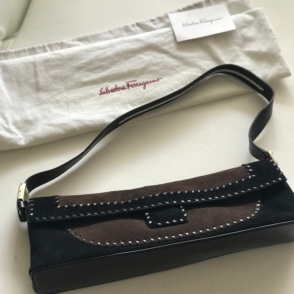 NWT SALVATORE FERRAGAMO Suede/Leather,Blackl/Brown Handbag